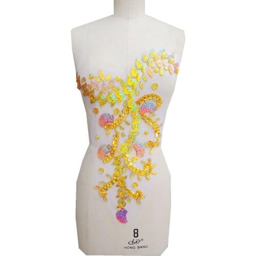 Sew on Golden rhinestones applique on mesh handmade crystals/beads/gem stones patches for dress accessory 45*31cm