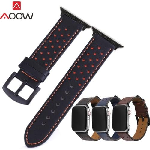 Genuine Leather Strap for Apple Watch iwatch 6 5 4 3 2 1 SE 38mm 42mm 40mm 44mm Orange Holes Men Replacement Band Bracelet Green