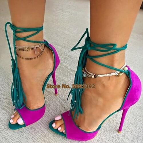 Women Mixed Color Sandals Sweet Tassel Fringe lace-up Fashion Summer Shoes Peep Toe Stiletto Heel Casual Shoes Plus Size Pumps