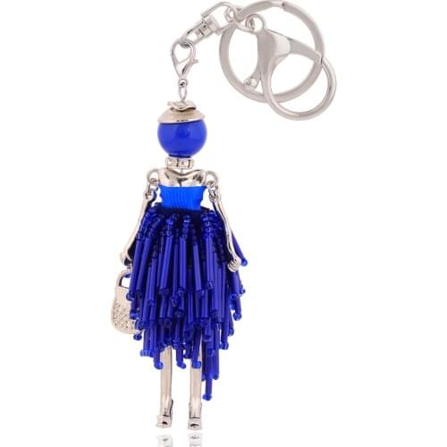 Rhinestone toy doll bag car key ring cute tassel keychains women blue crystal key chain jewelry doll keyring gift wholesale