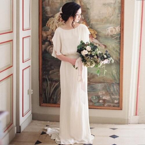 Boho Wedding Dress 2021 New O Neck Half Sleeve Backless With Small Court Train Simple Bridal Gown Slim Vestido De Noiva