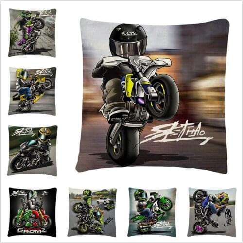 Stunt motorcycle Cartoon pattern Linen Cushion Cover Pillow Case for Home Sofa Car Decor Pillowcase 45X45cm