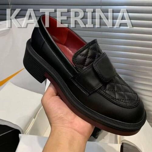 Loafers Woman Natural Leather Flat Platform Shoes Round Toe Casual Female Footwear Black All MatchSewing Sewing Classic Elegant
