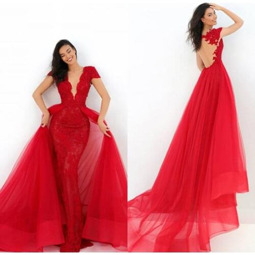 Prom Dresses 2020 Deep V Neck Lace Appliques Mermaid Evening Gowns Custom Made Detachable Train Special Occasion Dress
