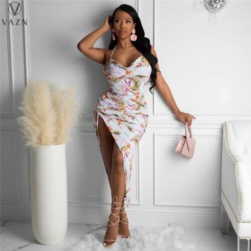 VAZN 2021 Top Quality Chiffon Free Holiday Asymmetrical Long Dress Retro Print Spaghetti Strap Sleeveless Women Thin Midi Dress