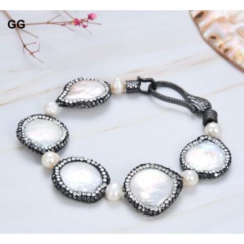 GuaiGuai Jewelry 8" Natural White Coin Keshi Pearl CZ Pave Bracelet For Women