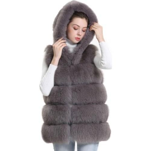 Ladies Real Fox Fur Hood Coat Women Sleeveless Genuine Fur Jacket Fox Skin Full Pelt Female Waistcoat Real Fox Fur Women Vest