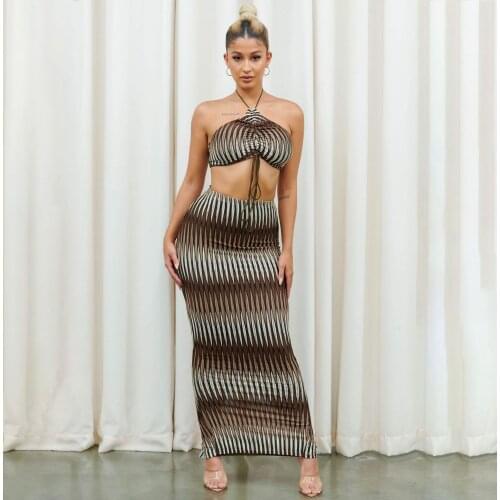 Women Two Piece Outfits 2021 Contrast Color Print Bra Top Female Sheath Maxi Dresses Holiday Party And Club Skirts Sets