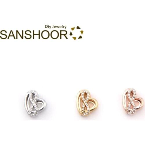 SANSHOOR Crystal Heart Infinity Keeper Slide Charms Fit 10mm Wide Wrapped Leather Bracelet For Women Valentines Day Gifts 3Pcs