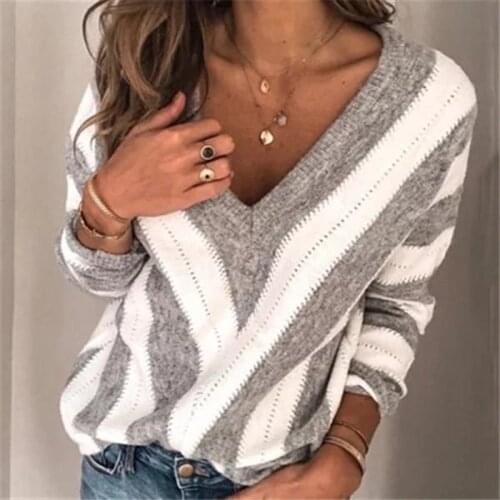 2021 Women Oversized Sweaters V Neck Patchwork Casual Loose Thin Autumn Striped Knitted Sweater Tops Jumper Long Sleeve Shirts