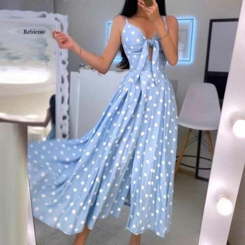 Summer New Tie-up Bow Hollow Out Boho Long Dress Spring Polka Dot Print A-Line Party Dress Backless Strap Maxi Women Beach Dress
