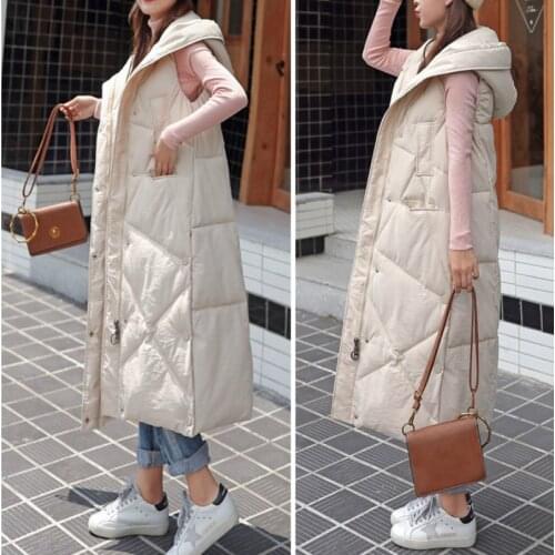 2021 New Female Hooded Sleeveless Outwear Long Waistcoat Women Autumn Winter Korean Loose Warm Thick Cotton Padded Vest Overcoat