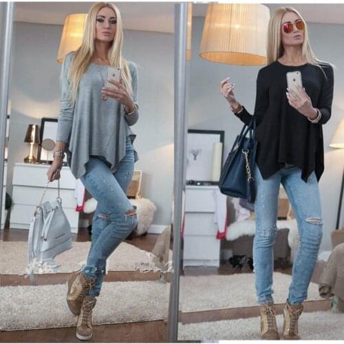 AS18 Blusa feminino new lady loose Irregular hem shirt solid color personality pullover blouse tops