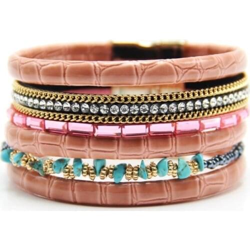 Fashion Leather Bracelet For Women Magnetic Buckle Multilayer Wrap Turquoises Beaded Rhinestone Women Bracelet Bangle Jewelry