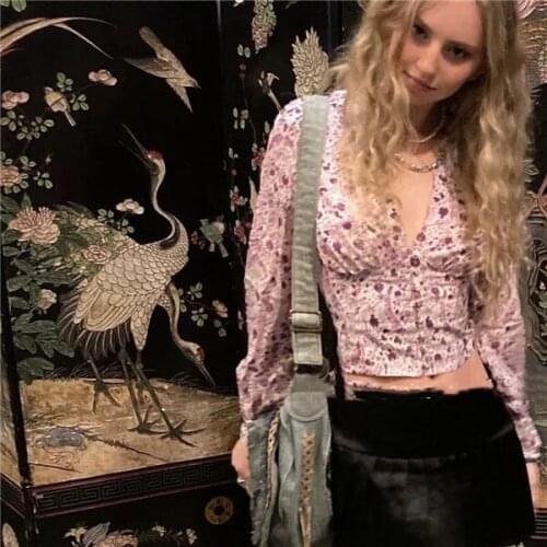 Elfbop Ladies V Neckline Silk Floral Printed Long Sleeve Blouse Shirt Top