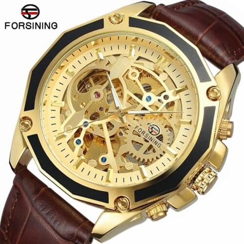 Forsining Transparent Case Gear Movement Steampunk Men Automatic Skeleton Watch Top Brand Luxury Open Work Design Self Winding