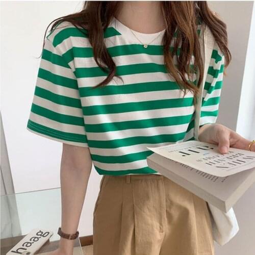 Alien Kitty 2021 New Summer Ladies T-Shirt Striped O Neck Short Sleeve Contrast Color Student Fashion Basic All-Match Casual Top
