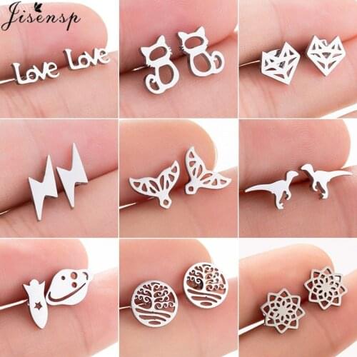 Jisensp Stainless Steel Cute Fox Stud Earrings for Women Girls Minimalist Tree Mermaid Cat Animal Earing Jewelry boucle doreille