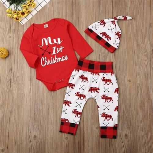 Baby Girl Boy Clothes Set 2019 Newborn Infant Toddler First Christmas Long Sleeve Bodysuit Pant Hat Outfit Xmas 3PCs 0-18M