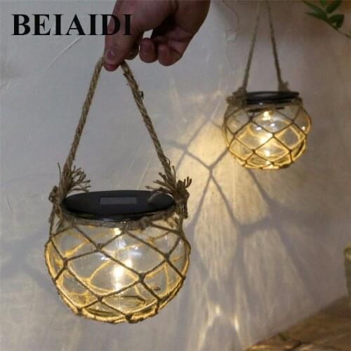 BEIAIDI Solar Powered Jar Lamp Vintage Garden Hanging Lantern Ball Light With Rope Villa Courtyard Patio Landscape Light