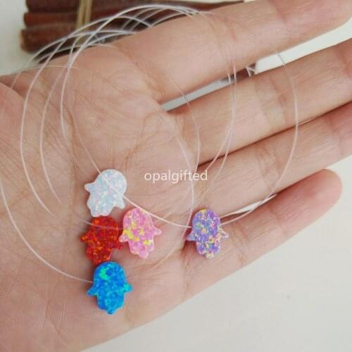 Hot! (1pc/lot)Transparent Nylon Chain synthetic Opal Hamsa Necklace Fatima Hand Fire Opal Necklace For Women many colors choose
