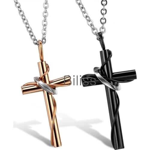Fashion 316L Stainless Steel Lingering Love Cross Couples Pendant Necklace For Women Men Gold Silver Color - 1 PCS