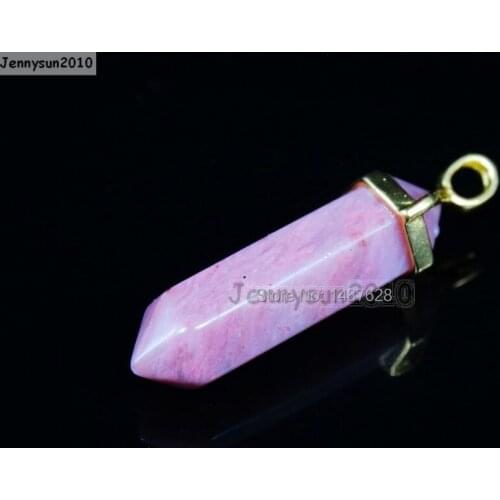 Natural Rhodonite Gems Stones Hexagonal Pointed Healing Reiki Chakra Gold Pendant Beads Necklace Earrings Jewelry 10Pcs/Pack
