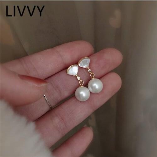 LIVVY New Trendy Fan Shell Pearl Silver Color Earrings For Women Girls Simple Elegant Romantic Jwelry Accessories Gifts