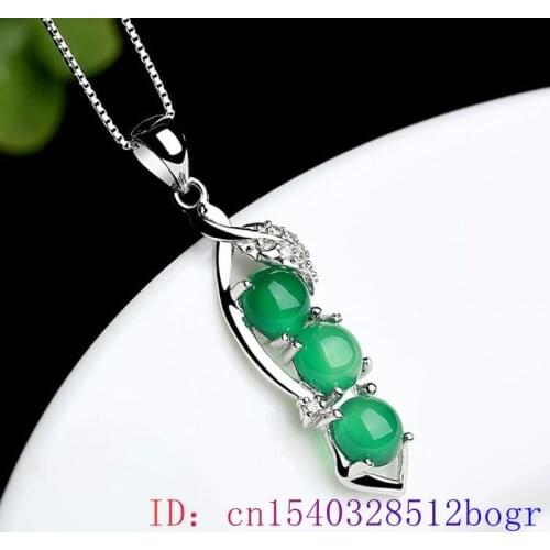 Natural Green Jade Beans Pendant Necklace Gifts Fashion Amulet Jewelry Chalcedony 925 Silver