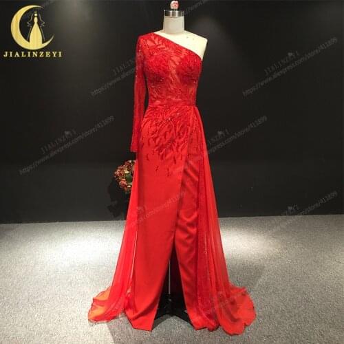 JIALINZEYI Real Sample One Long Shoulder Red Sation Beads Slit Formal Dress for Party Evening Dresses