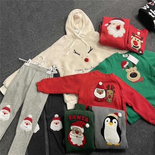 Family Christmas Sweaters 2021 New Year Couple Matching Hoodies Santa Claus Embroidery Cartoon Mom Dad Kids Pajamas Clothing