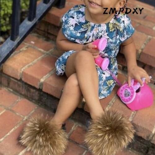 Childrens Fluffy Raccoon Fur Slippers Kids Real Fox Fur Slides Girls Open Toe Plush Sandals Baby Furry Shoes Fox Fur Flip Flops