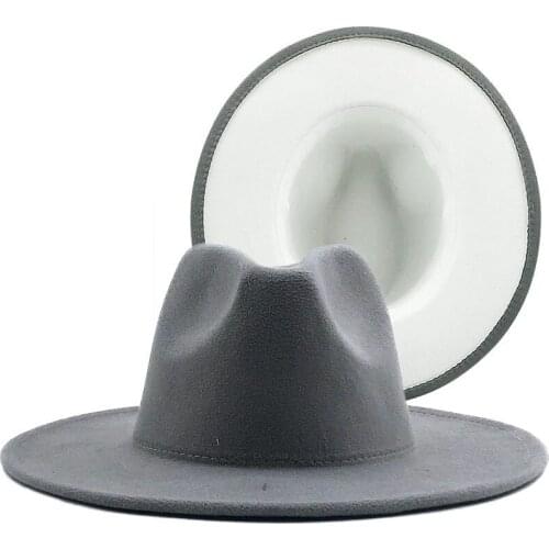 Simple Women Men Outer Gray Inner White Wool Felt Jazz Two Tone Fedora Hat Vintage British Style Wide Brim Panama Cap