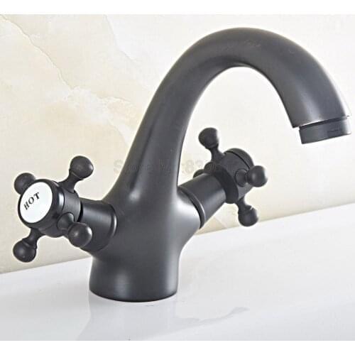 Deck Mounted Basin Faucet Dual Handle Bathroom Black Oil Rubbed Bronze Finished Sink Faucets Hot and Cold Water Mixer Tap tsf826
