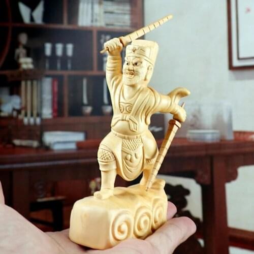 12cm Boxwood Carving Solid Wood Chinese Household Statue Craft Feng Shui Gifts Zhao Gongming God of Wealth Sculpture Home Decor