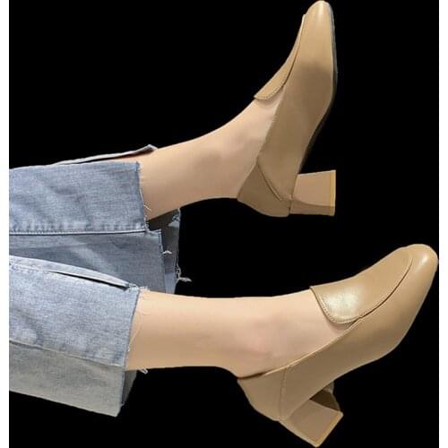 Big Size 43 Women Boat Shoes High Heels Dress Shoes Square Toe Ladies Shoes Slip on Black Pumps Square Heel Loafer Autumn 9291L