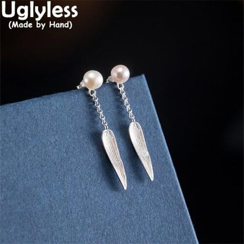 Uglyless Natural Pearls Studs Earrings for Women Matte Silver Leaves Dangle Earrings 925 Silver Summer Fashion Dress Brincos