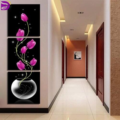 Vertical 3 Pieces Wall Art Diamond Painting Triptych Purple Flowers Cross Stitch Nordic Hallway Decoration Maison Home Decor