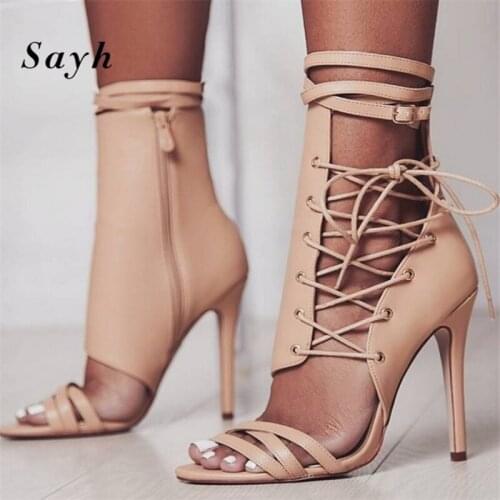 Women Sandals Ankle Strap Heels Sandals Lace Up Stilettos Women Leather Roma Boots High Heels Peep Toe Pumps Party Shoes SIZE42