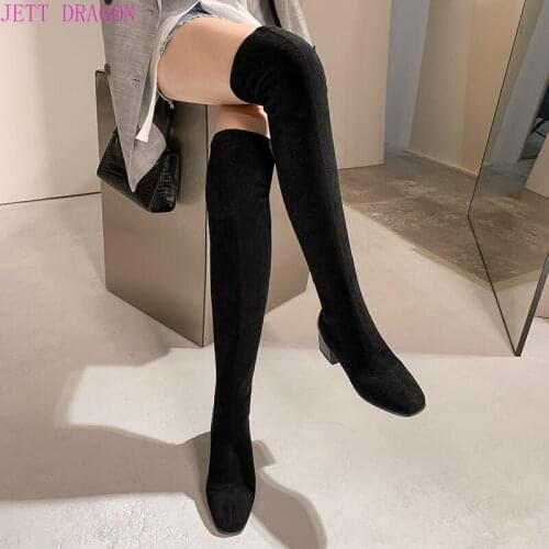 2021 Fashion Knee High Boots Womens Winter Boots Thick High Heel Stretc Long Boots Slip on Autumn Shoes Woman Black 34-43