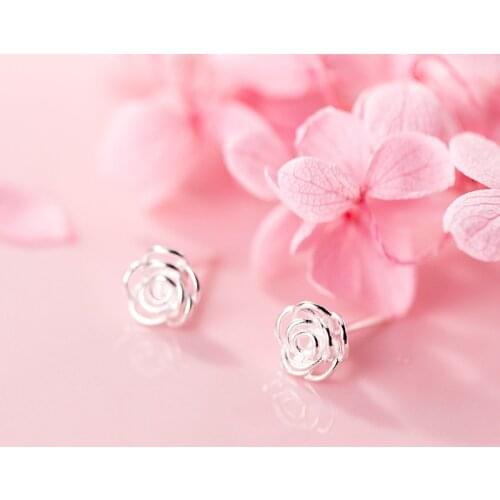 MloveAcc 100% 925 Solid Real Sterling Silver Small Hollow Rose Flower Stud Earring for Women Girl Fine Silver Jewelry