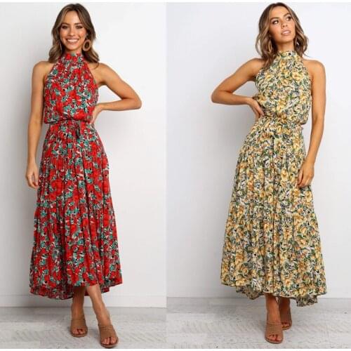 New 2021 Summer Chiffon Dress Women European Style Print Dot Ladies Vestidos Sexy Sleeveless Halter Female Robe Dress KE1239