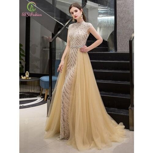 SSYFashion New High-end Evening Dresses Bride Banquet Luxury Gold Crstal Sequins Beading Long Prom Formal Gown Vestidos De Noche