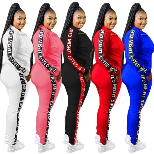 12CM785 Autumn Winter Women Outdoor Casual Sports Solid Letter Print Two Piece Set Top and Pants Tracksuit Sweatsuit Outfits Hot