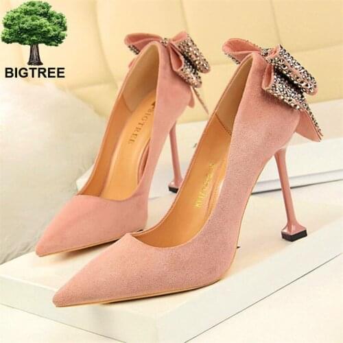 BIGTREE Sweet Crystal Butterfly-knot Women Pumps Solid Flock Fashion Shallow High Heels Shoes Womens Party Shoe Pointed Toe