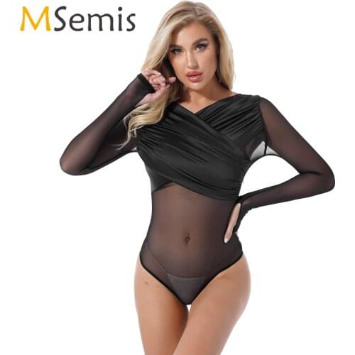 Womens Sexy Sheer Mesh Patchwork Bodysuit Long Sleeve Wrapped V Neck Slim Fit Leotard Female See Through Bodysuits Underwear