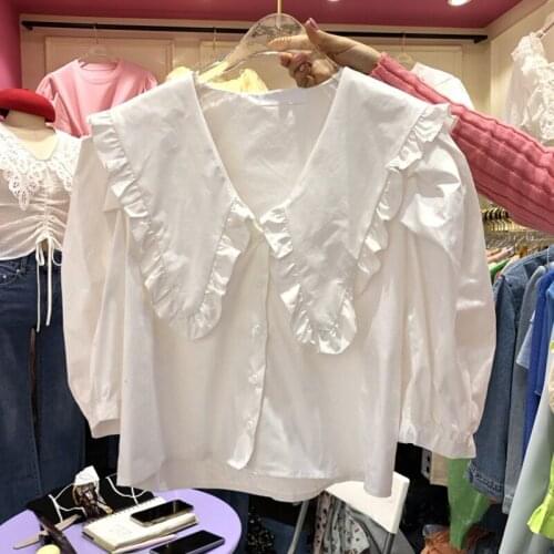 Big Turn-Down Collar Solid Women White Shirts Summer New 2021 Sweet Style Half Sleeved Elegant Female Outwear Tops