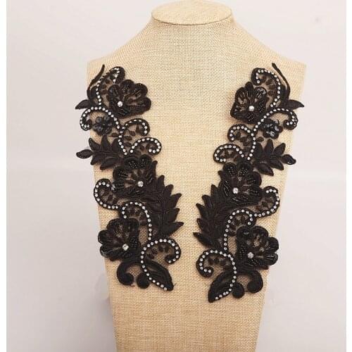 Black Quallity Handmade Alencon Lace Appliques Floral Embroidered Patches Wedding Supplies Bridal Hair Flower 2Piece
