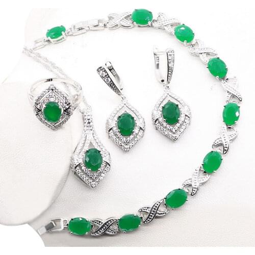 Dandy Will Silver 925 Cubic Zirconia Jewelry Sets For Women Green Gift Dangler Earrings Necklace Ring Pendant Bracelets
