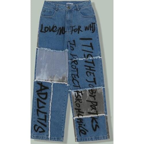 Hip Hop Letter Graffiti Color Contrast Jeans Men Harajuku Patchwork Streetwear Patches Furry Trousers Summer Baggy Joggers Pants